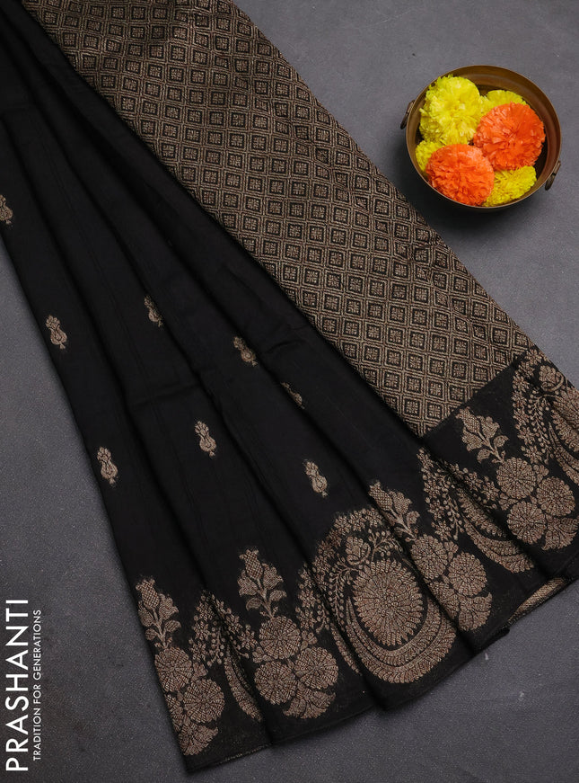 Black Banarasi Semi Raw Silk Saree - Butta style