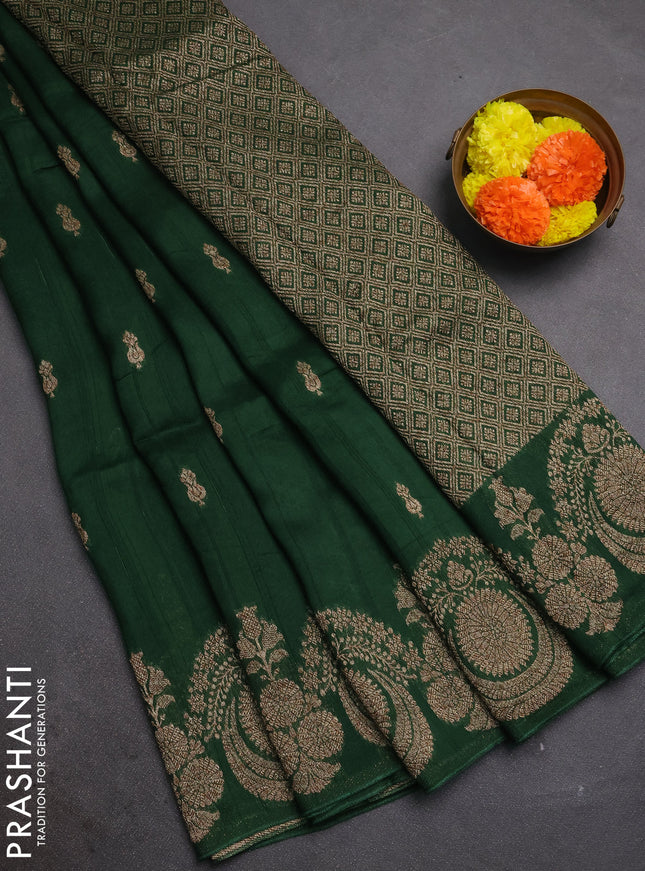 Bottle Green Banarasi Semi Raw Silk Saree - Butta style