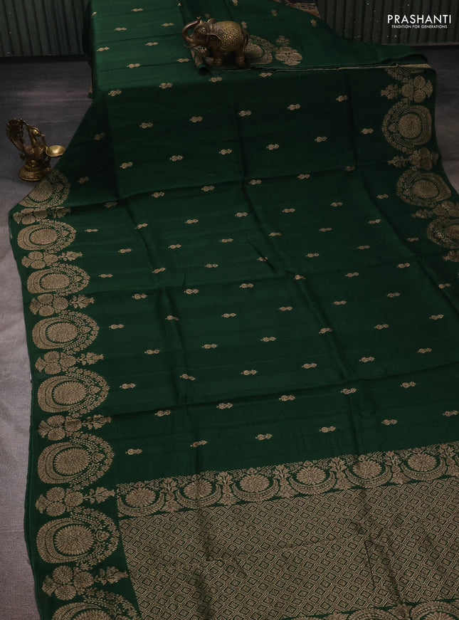 Bottle Green Banarasi Semi Raw Silk Saree - Butta style