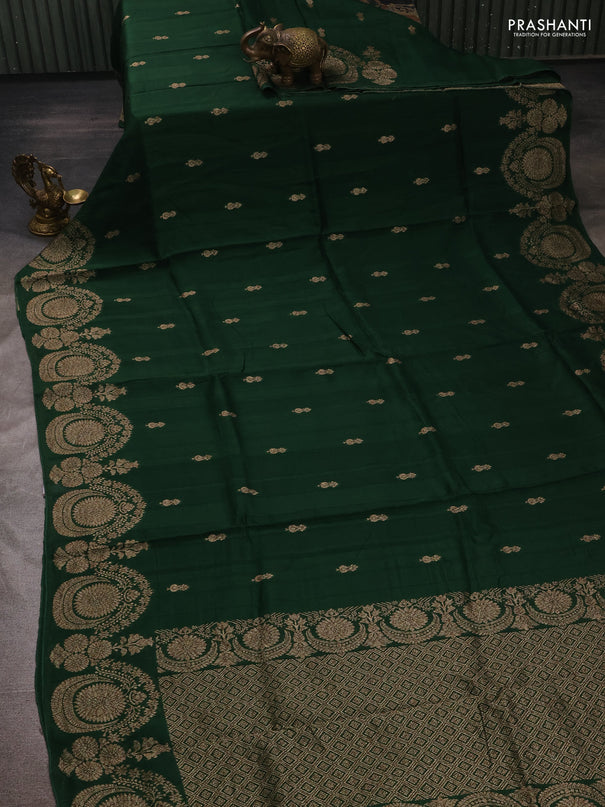 Bottle Green Banarasi Semi Raw Silk Saree - Butta style