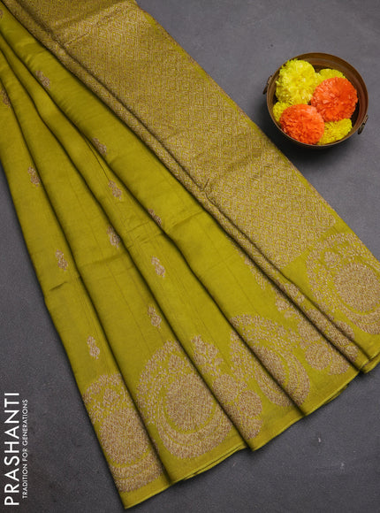 Lime Green  Banarasi Semi Raw Silk Saree - Butta style