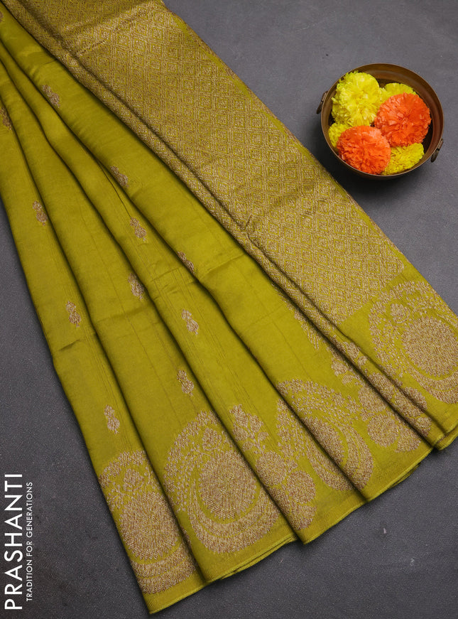 Lime Green  Banarasi Semi Raw Silk Saree - Butta style