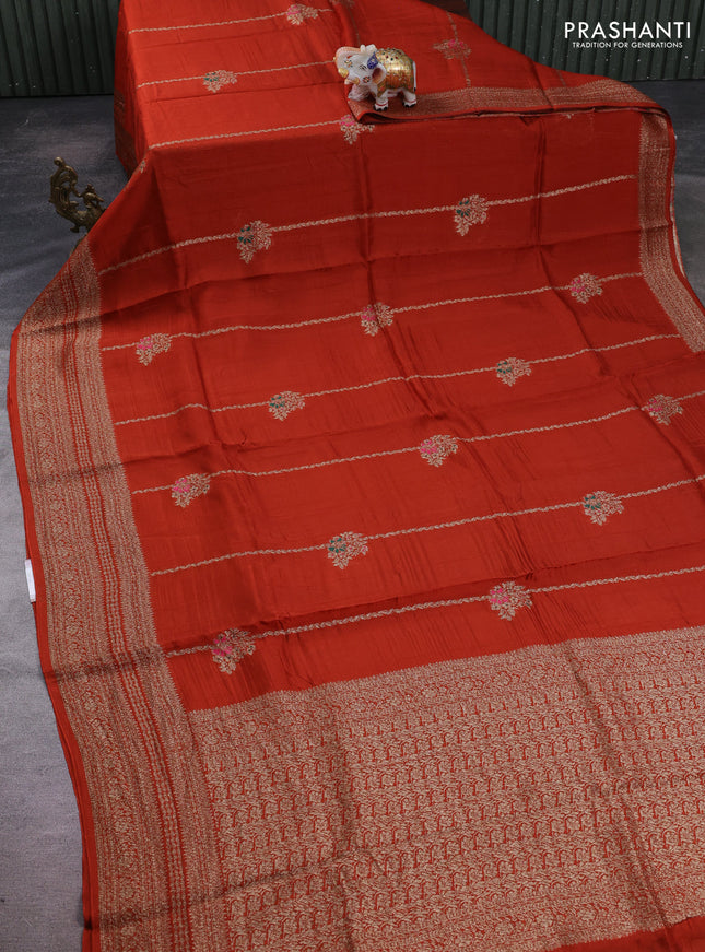 Rust Banarasi Semi Raw Silk Saree -  Zari Weaves