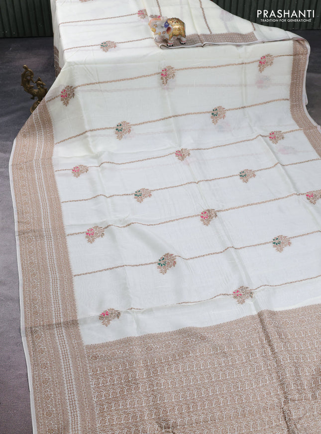Off White Banarasi Semi Raw Silk Saree -  Zari Weaves