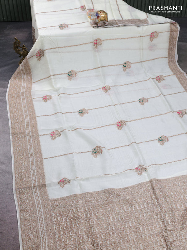 Off White Banarasi Semi Raw Silk Saree -  Zari Weaves