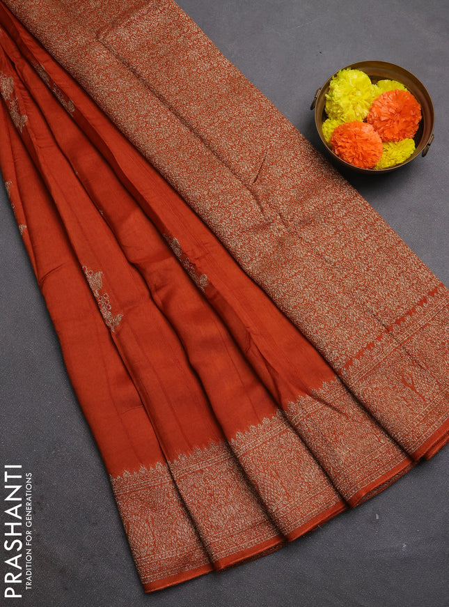 Rust Banarasi Semi Raw Silk Saree - Butta style