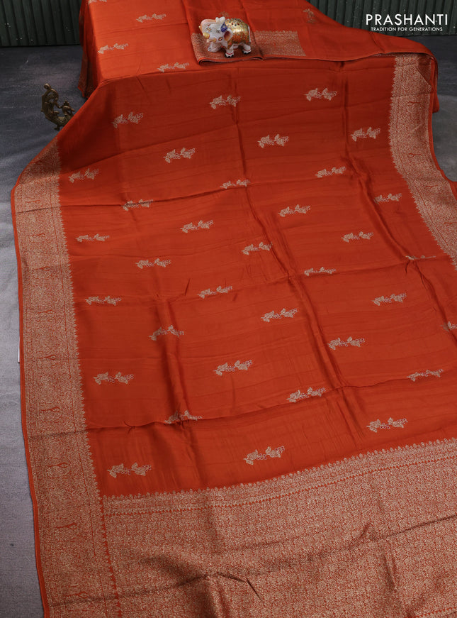 Rust Banarasi Semi Raw Silk Saree - Butta style