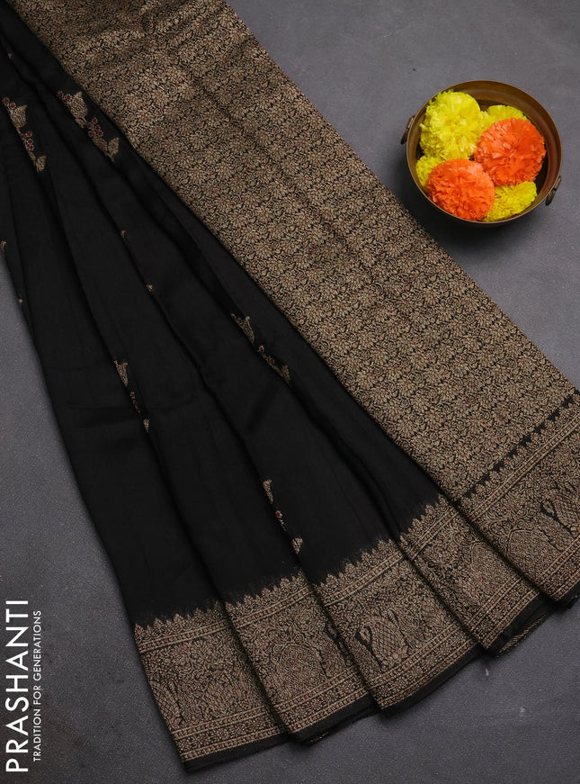 Black Banarasi Semi Raw Silk Saree - Butta style