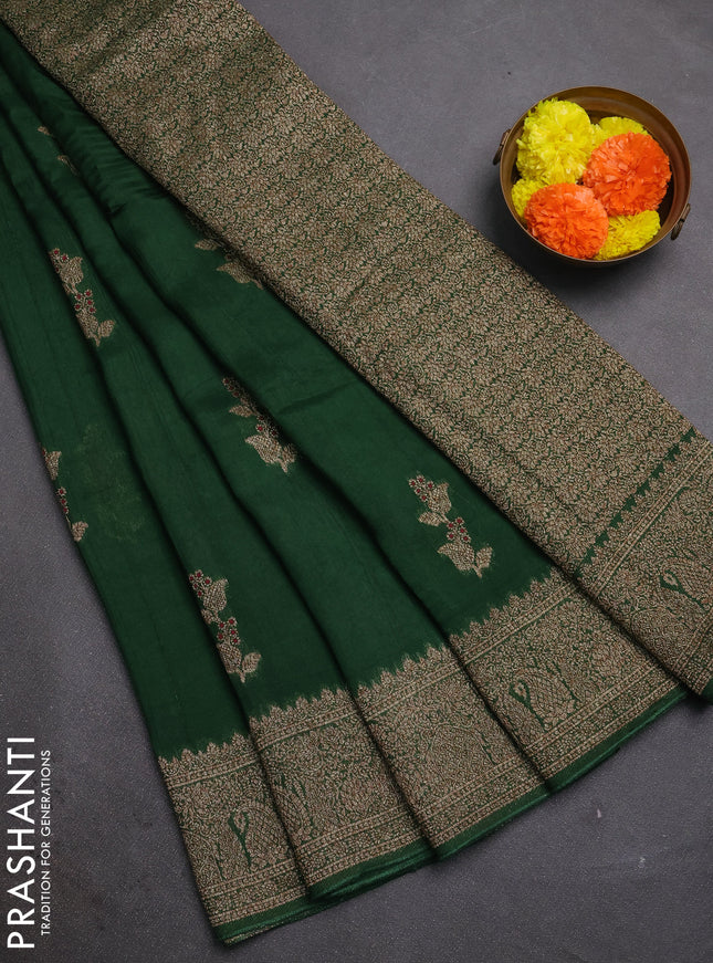 Bottle Green  Banarasi Semi Raw Silk Saree - Butta style
