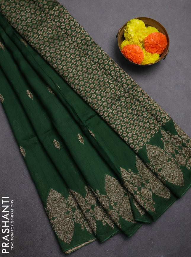 Bottle Green Banarasi Semi Raw Silk Saree - Butta style