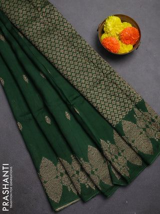 Bottle Green Banarasi Semi Raw Silk Saree - Butta style