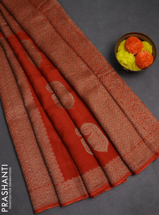 Rust Banarasi Semi Raw Silk Saree - Butta style