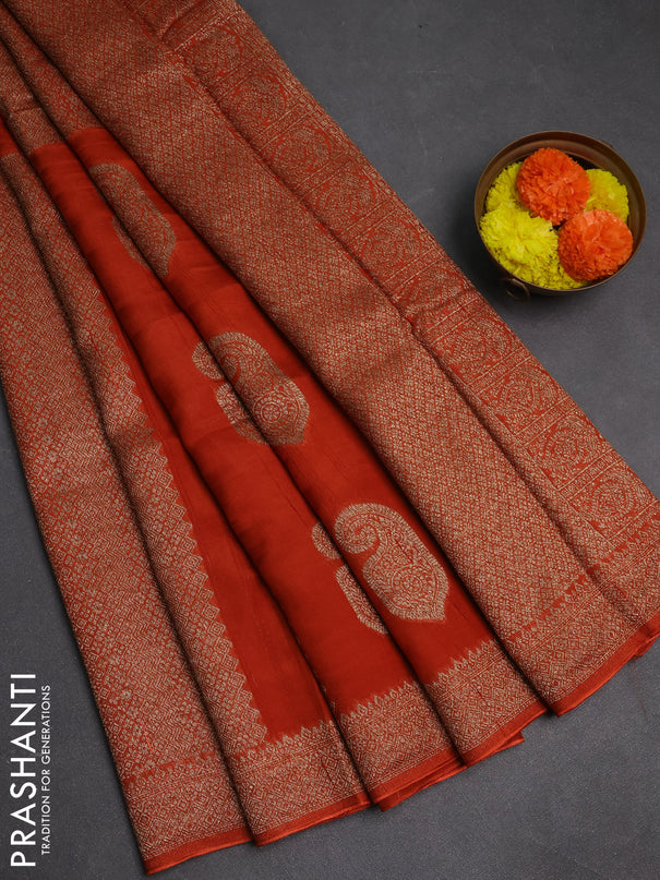 Rust Banarasi Semi Raw Silk Saree - Butta style