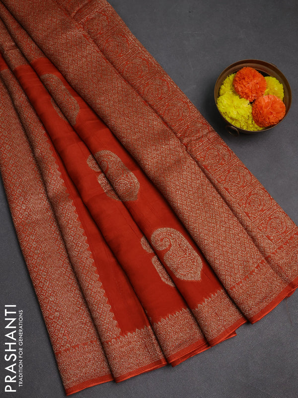 Rust Banarasi Semi Raw Silk Saree - Butta style