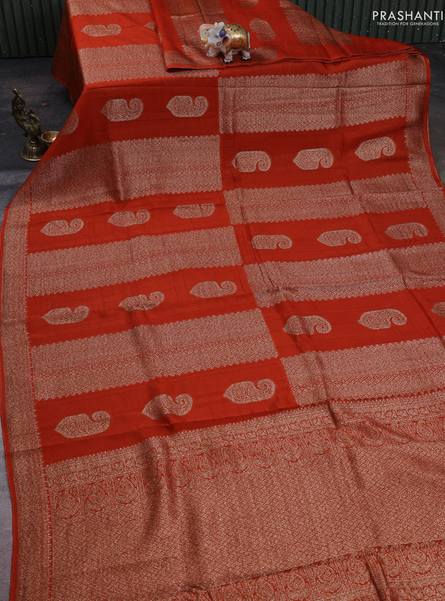 Rust Banarasi Semi Raw Silk Saree - Butta style