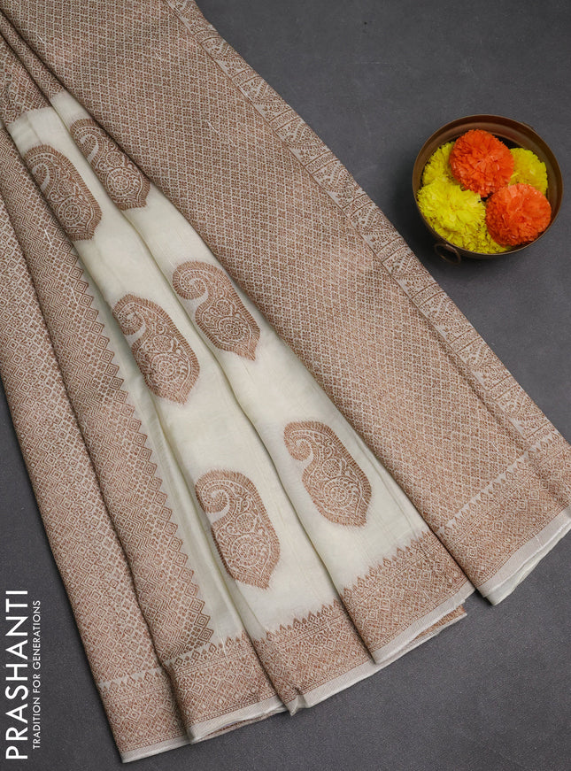 Off White Banarasi Semi Raw Silk Saree - Butta style
