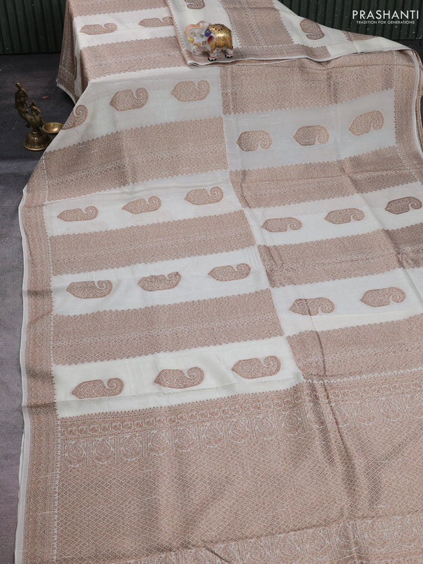 Off White Banarasi Semi Raw Silk Saree - Butta style