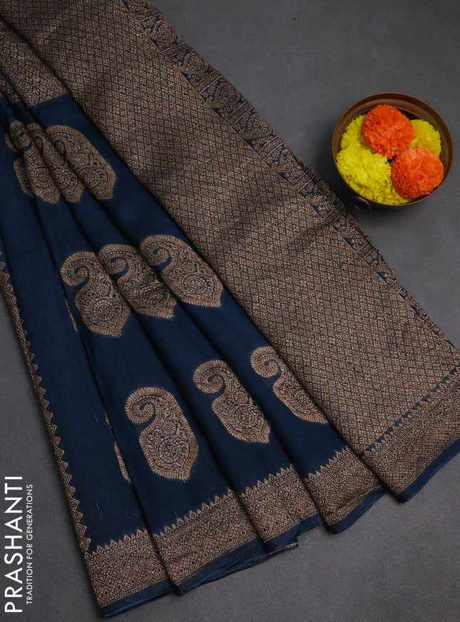 Peacock Blue Banarasi Semi Raw Silk Saree - Butta style