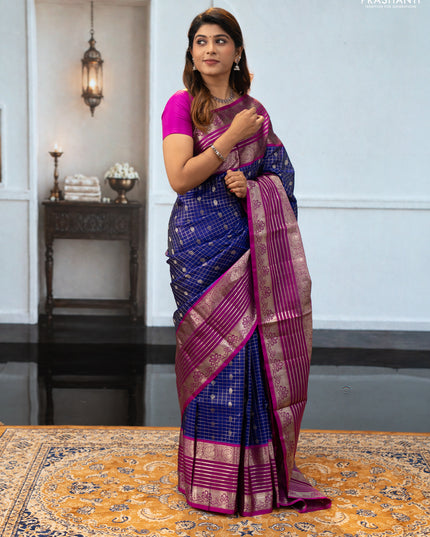 Violet & Magenta Pink Venkatagiri Silk - Zari Checks