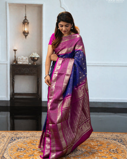Violet & Magenta Pink Venkatagiri Silk - Zari Checks