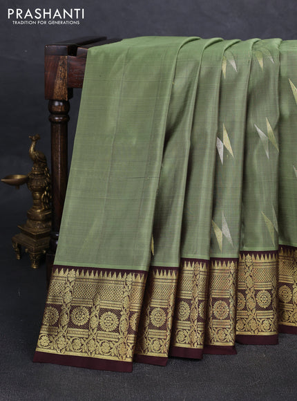 Elaichi Green & Coffee Brown Venkatagiri Silk - Zari Buttas