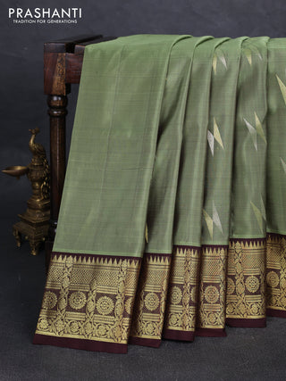 Elaichi Green & Coffee Brown Venkatagiri Silk - Zari Buttas