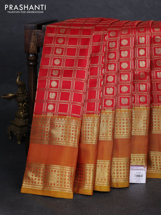 Red & Mustard Yellow Venkatagiri Silk - Zari Checks