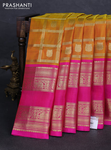 Mustard Yellow & Pink Venkatagiri Silk - Zari Checks
