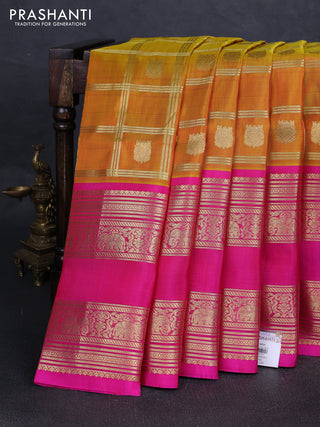 Mustard Yellow & Pink Venkatagiri Silk - Zari Checks