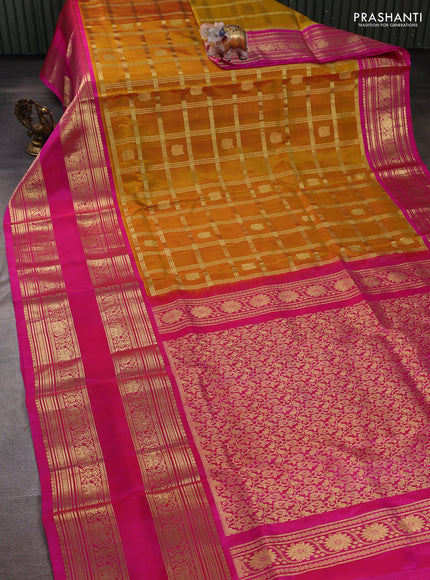 Mustard Yellow & Pink Venkatagiri Silk - Zari Checks