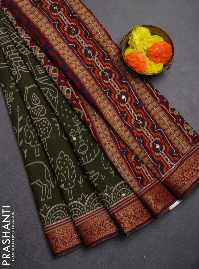 Maheshwari cotton saree sap green and maroon with allover ikat prints & mirror work and zari woven embroidery border
