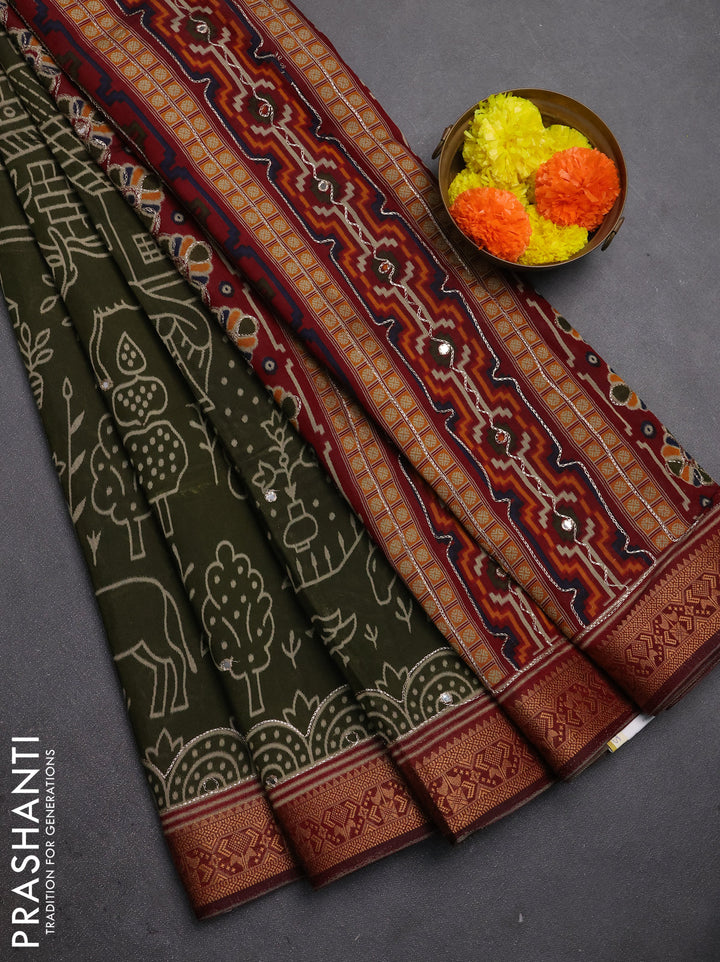 Maheshwari cotton saree sap green and maroon with allover ikat prints & mirror work and zari woven embroidery border