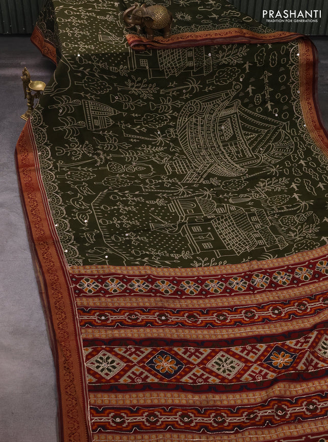 Maheshwari cotton saree sap green and maroon with allover ikat prints & mirror work and zari woven embroidery border