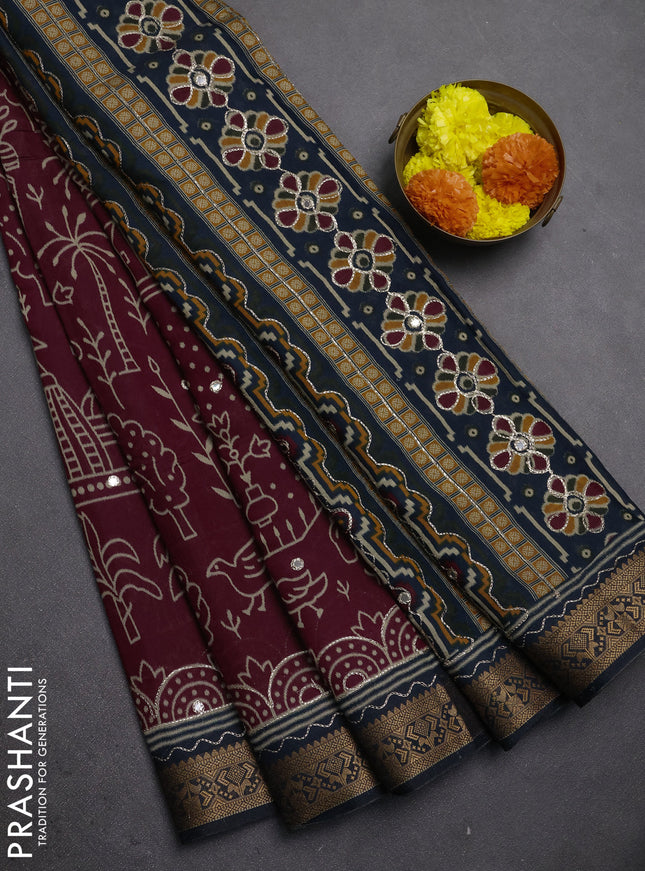 Maheshwari cotton saree dark magenta pink and bottle green with allover ikat prints & mirror work and zari woven embroidery border
