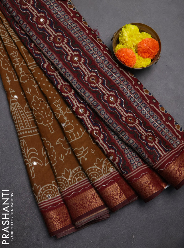 Maheshwari cotton saree dark mustard and maroon with allover ikat prints & mirror work and zari woven embroidery border