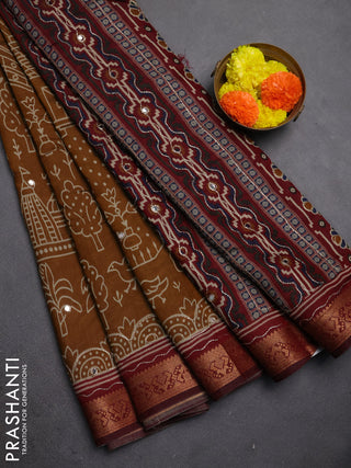 Maheshwari cotton saree dark mustard and maroon with allover ikat prints & mirror work and zari woven embroidery border
