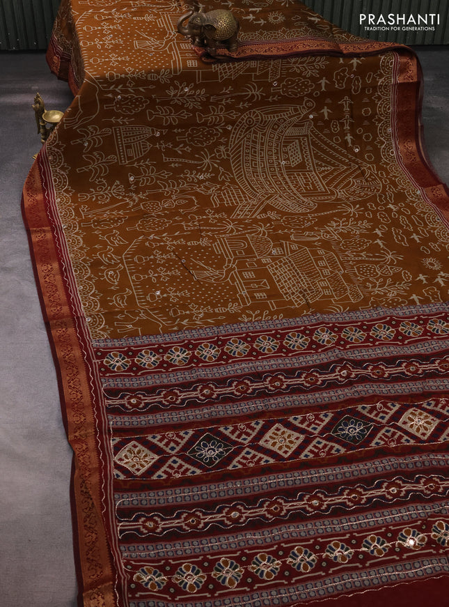 Maheshwari cotton saree dark mustard and maroon with allover ikat prints & mirror work and zari woven embroidery border