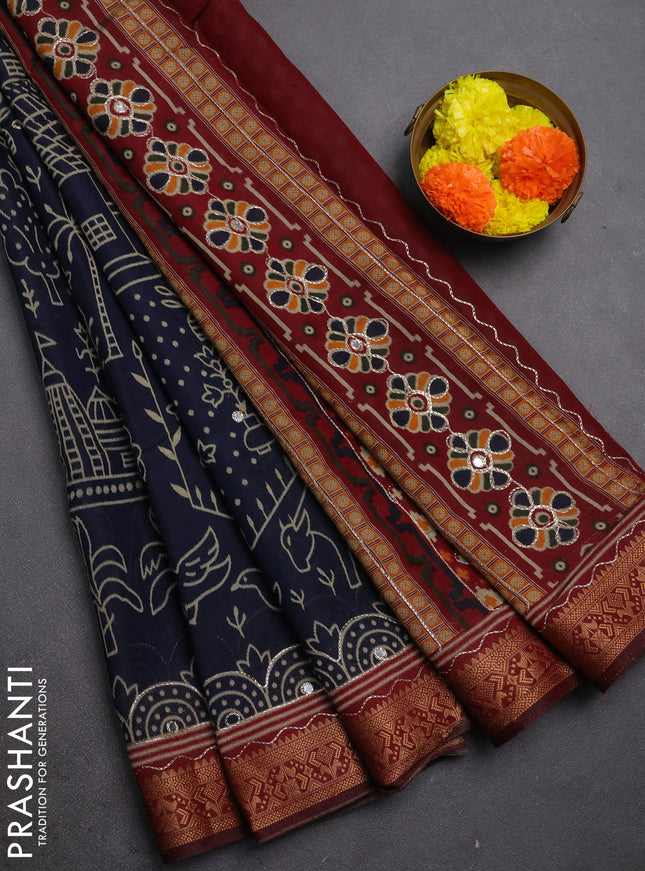 Maheshwari cotton saree navy blue and maroon with allover ikat prints & mirror work and zari woven embroidery border