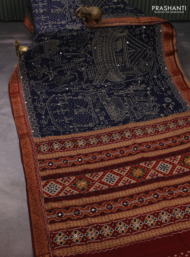 Maheshwari cotton saree navy blue and maroon with allover ikat prints & mirror work and zari woven embroidery border