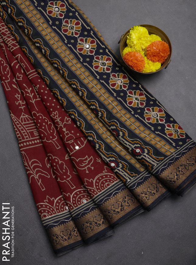 Maheshwari cotton saree maroon and navy blue with allover ikat prints & mirror work and zari woven embroidery border