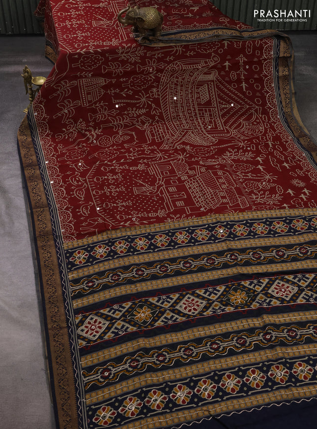 Maheshwari cotton saree maroon and navy blue with allover ikat prints & mirror work and zari woven embroidery border