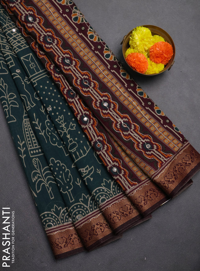 Maheshwari cotton saree peacock green and maroon with allover ikat prints & mirror work and zari woven embroidery border