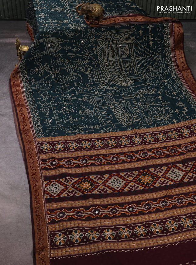 Maheshwari cotton saree peacock green and maroon with allover ikat prints & mirror work and zari woven embroidery border