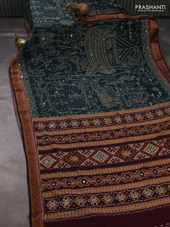 Maheshwari cotton saree peacock green and maroon with allover ikat prints & mirror work and zari woven embroidery border