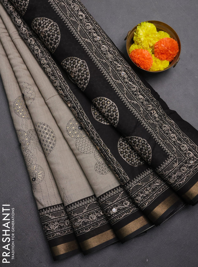 Maheshwari cotton saree grey and black with allover prints & mirror work and zari woven embroidery border