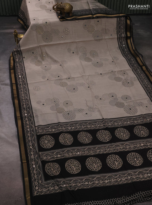 Maheshwari cotton saree grey and black with allover prints & mirror work and zari woven embroidery border