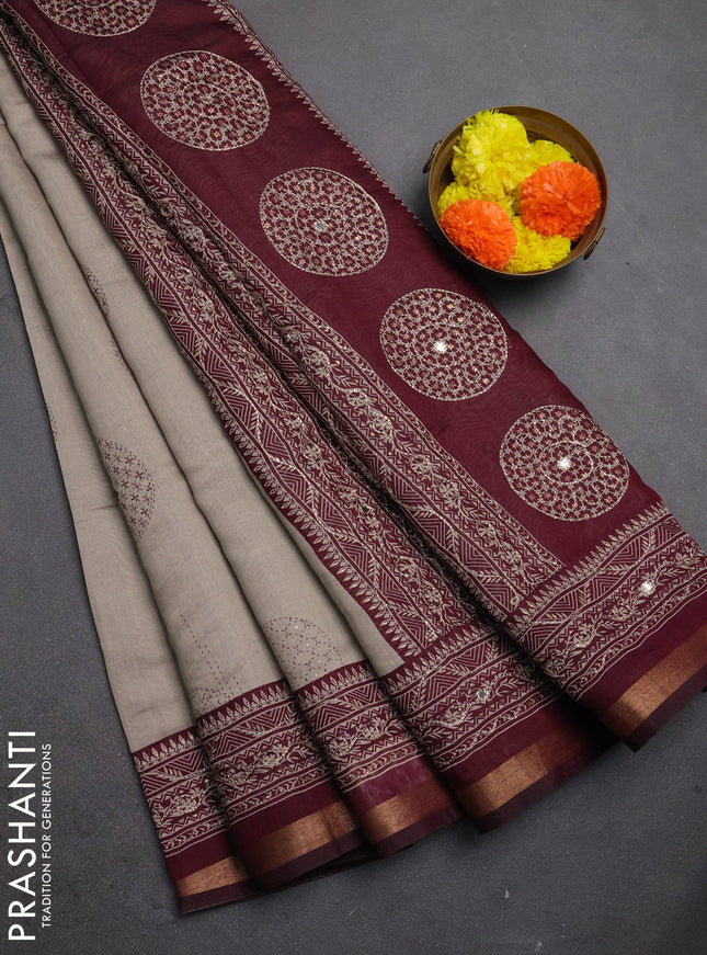 Maheshwari cotton saree grey and deep maroon with allover prints & mirror work and zari woven embroidery border