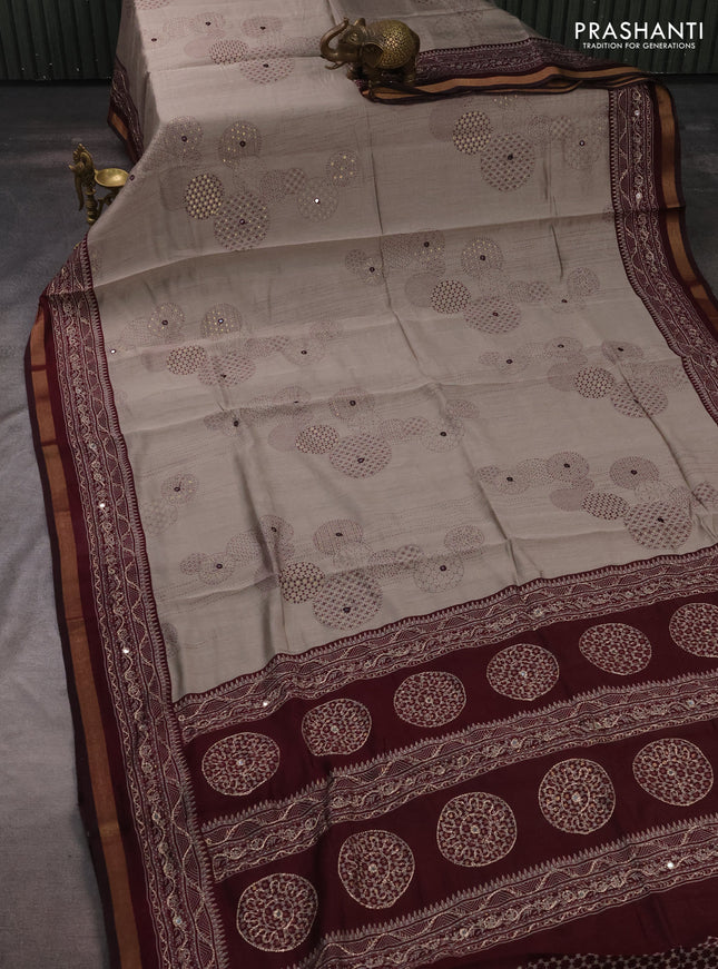 Maheshwari cotton saree grey and deep maroon with allover prints & mirror work and zari woven embroidery border