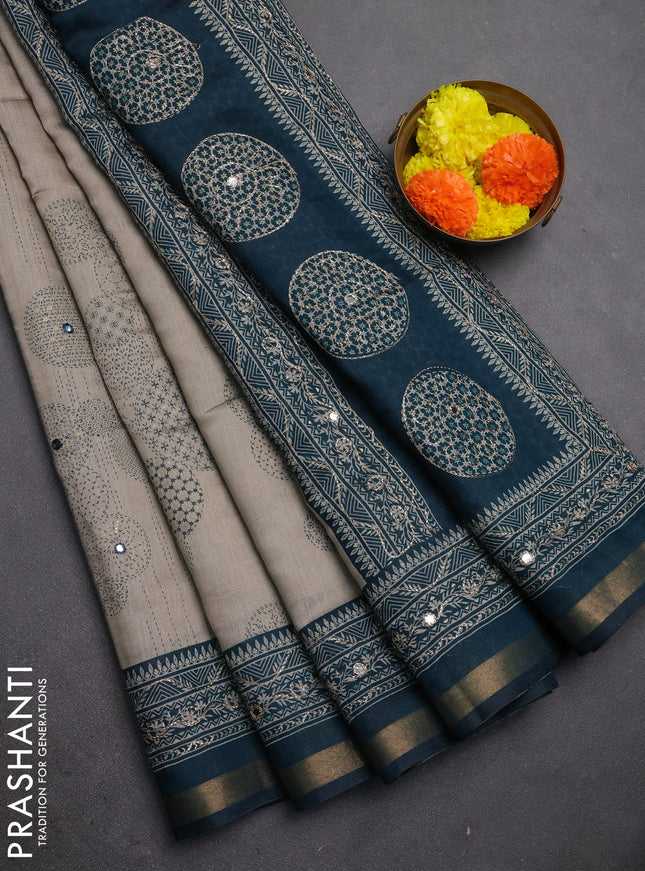 Maheshwari cotton saree grey and peacock green with allover prints & mirror work and zari woven embroidery border