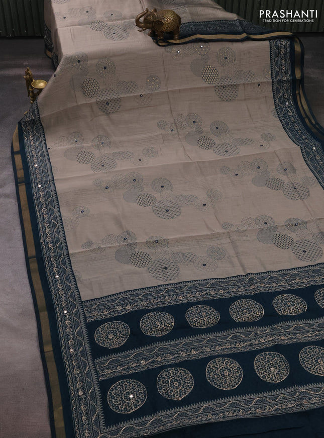 Maheshwari cotton saree grey and peacock green with allover prints & mirror work and zari woven embroidery border